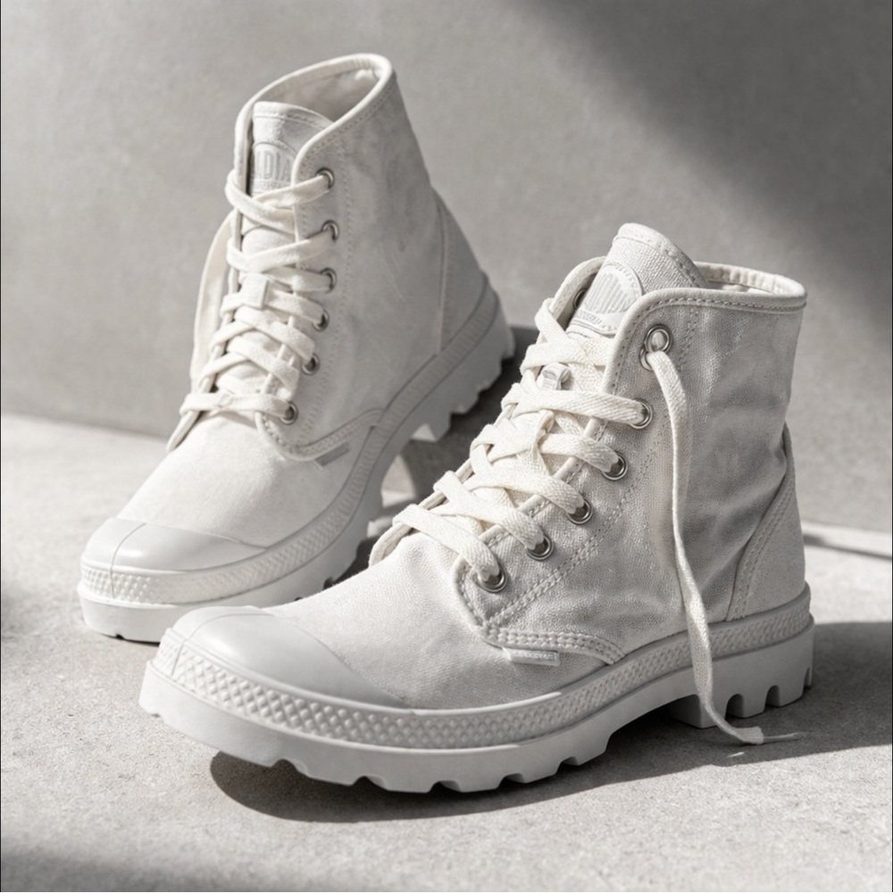 Palladium women’s size 7 Pampa Hi Top White CanvasShoes Sneakers Boots. Lug sole